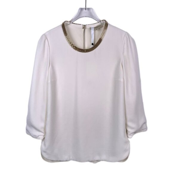 BURBERRY LONDON White Silk Blouse With Gold Chain Neckline 3/4 Sleeve Size US 4 - Picture 1 of 7